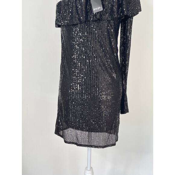 Nasty Gal One Shoulder Long Sleeve Black Sequin Mini Dress Size Large New - Picture 6 of 9